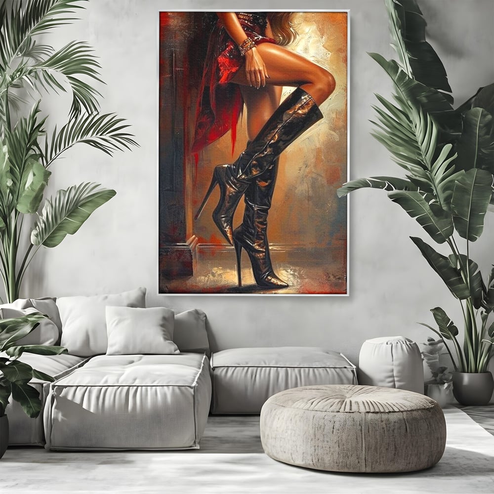 Tablou canvas cu pictura cu picioare feminine in cizme, in rama de aluminiu argintiu, pe perete intr-un living